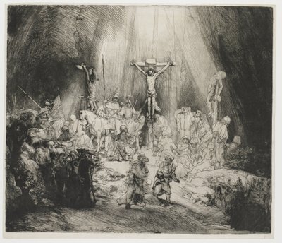 De tre korsen Kristus korsfäst mellan de två tjuvarna: "De tre korsen" av Rembrandt van Rijn