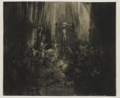 De tre korsen Kristus korsfäst mellan de två tjuvarna: "De tre korsen" av Rembrandt van Rijn