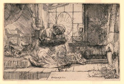 Jungfrun och barnet med katten och Josef vid fönstret av Rembrandt van Rijn