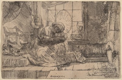 Jungfru Maria med barnet, katten och ormen av Rembrandt van Rijn
