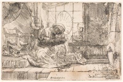 Jungfru Maria och barnet med katten: och Josef vid fönstret av Rembrandt van Rijn