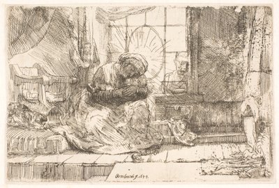 Jungfru Maria och barnet med katten: och Josef vid fönstret av Rembrandt van Rijn