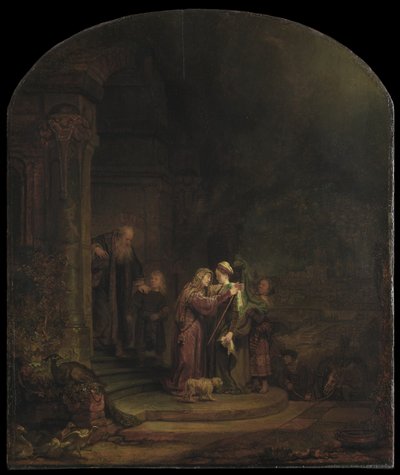 The Visitation, 1640 (olja på cederpanel) (se även 5454147) av Rembrandt van Rijn