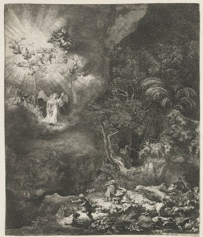 Ängeln visar sig för herdarna av Rembrandt van Rijn