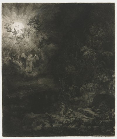 Ängeln visar sig för herdarna av Rembrandt van Rijn
