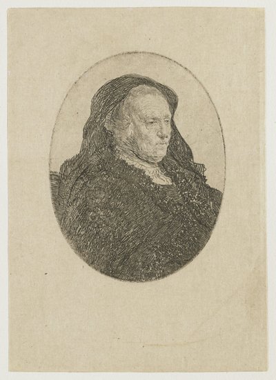 Konstnärens mor sitter vid ett bord och blickar åt höger: trekvartsprofil av Rembrandt van Rijn