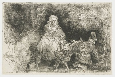 Flygningen till Egypten korsar en bäck av Rembrandt van Rijn