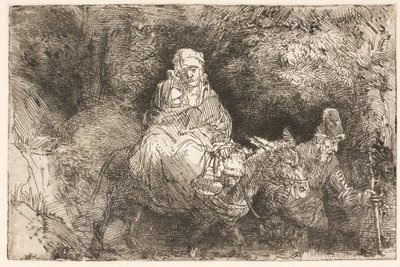 Flykten till Egypten: Den heliga familjen passerar en bäck av Rembrandt van Rijn