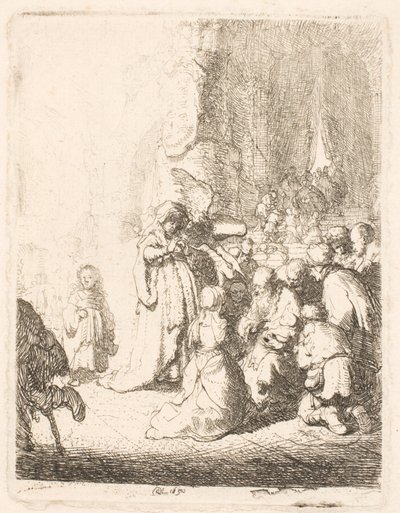 Uppvisningen i templet (med ängeln): den lilla plattan av Rembrandt van Rijn