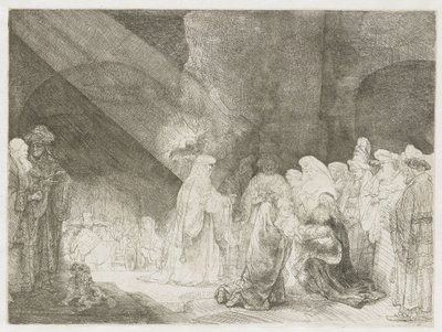 Uppvisningen i templet: avlångt tryck av Rembrandt van Rijn