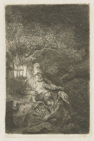 Resten på flyget till Egypten: en nattbit av Rembrandt van Rijn