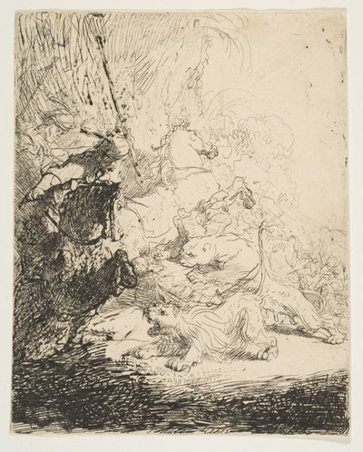 Smålejonjakten, med två lejon, ca. 1632. av Rembrandt van Rijn
