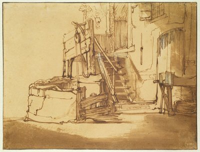 Brunnen framför bondgården (penna och brunt bläck och brunt tvätt på papper) av Rembrandt van Rijn