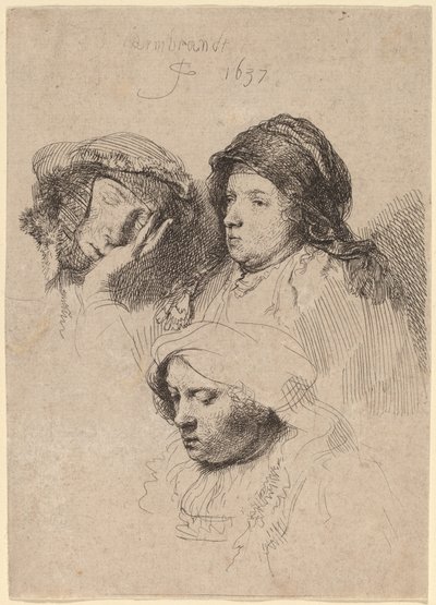 Tre huvuden av kvinnor, en sover av Rembrandt van Rijn