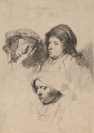 Tre kvinnors huvuden, en sovande, 1637. av Rembrandt van Rijn