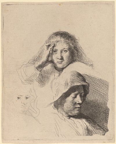 Tre huvuden av kvinnor, ett lätt etsat av Rembrandt van Rijn