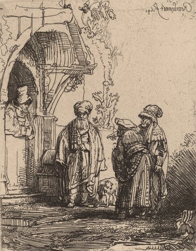 Tre orientaliska gestalter Jacob och Laban, 1641. av Rembrandt van Rijn