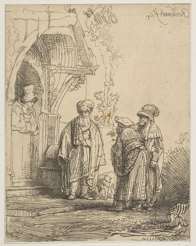 Tre orientaliska gestalter Jacob och Laban, 1641. av Rembrandt van Rijn