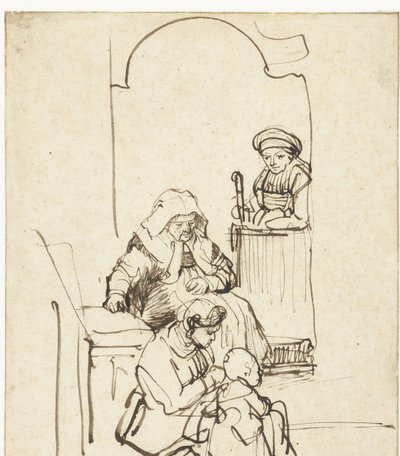 Tre kvinnor och ett barn vid en dörr av Rembrandt van Rijn