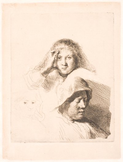 Tre kvinnors huvuden, ett lätt etsat av Rembrandt van Rijn