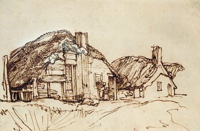 Två stugor med halmtak med figurer vid fönstret av Rembrandt van Rijn