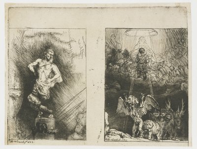 Två illustrationer till Menasseh Ben Israels "Piedra Gloriosa" Bilden sågs av Nebukadnessar Daniels vision av de fyra bestarna av Rembrandt van Rijn