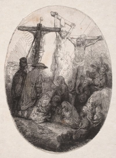 Korsfästelsen mellan två brottslingar (oval skiva) av Rembrandt van Rijn
