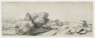 Utsikt över Diemerdijk med en mjölkbud och stugor av Rembrandt van Rijn