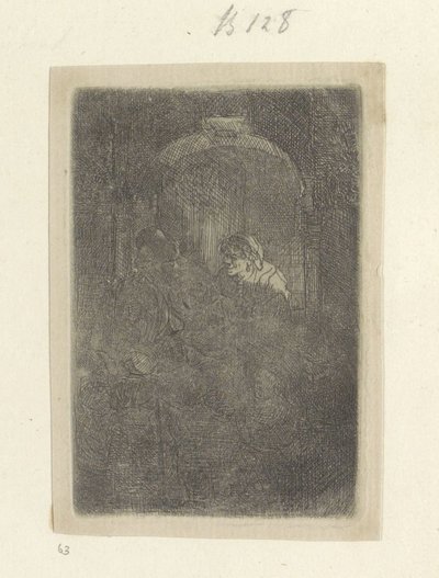 Kvinna i en dörröppning, pratar med en man med barn Recueil de quatre-vingt-cinq estampes originales (serietitel) av Rembrandt van Rijn