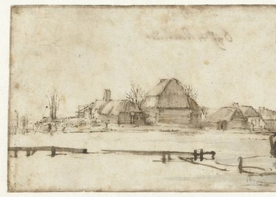 Vinterutsikt med vattenväg, stugor och två båtar av Rembrandt van Rijn