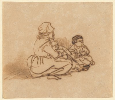 Kvinna som sitter på marken med två barn av Rembrandt van Rijn