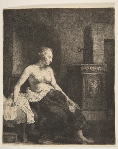 Kvinna som sitter halvklädd bredvid en spis, 1658. av Rembrandt van Rijn
