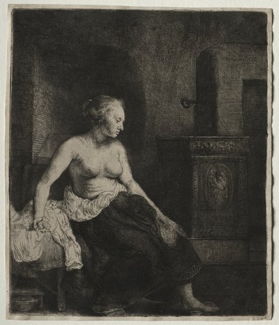 Kvinna som sitter halvklädd bredvid en spis, 1658. av Rembrandt van Rijn