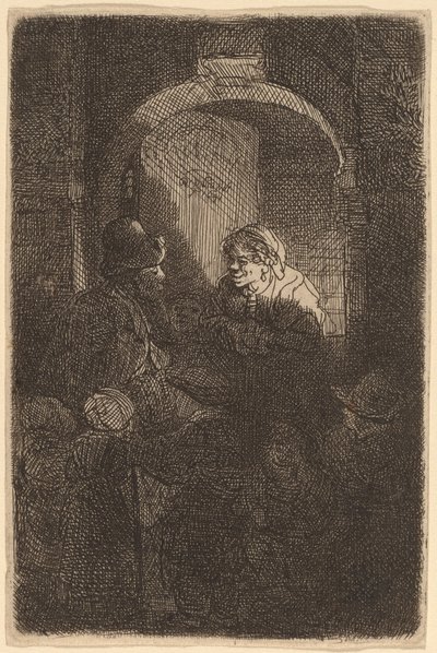 Kvinna vid en dörrlucka pratar med en man och barn (Skolmästaren) av Rembrandt van Rijn
