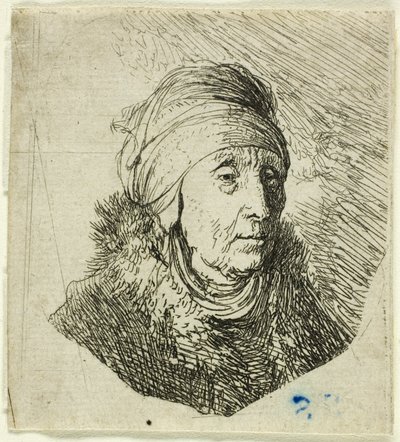Kvinna med en hög huvudbonad lindad runt hakan: byst av Rembrandt van Rijn