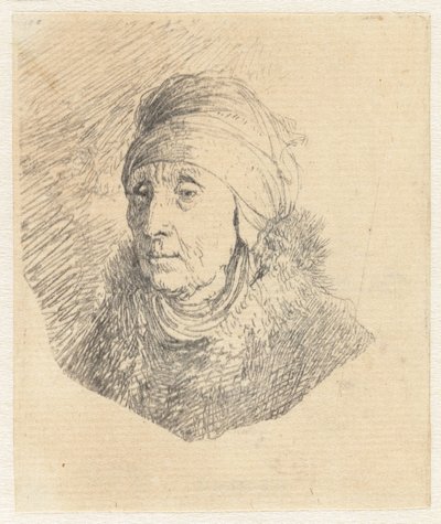 Kvinna med en hög huvudbonad som är lindad runt hakan: byst av Rembrandt van Rijn