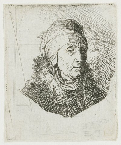 Kvinna med en hög huvudbonad som är lindad runt hakan: byst av Rembrandt van Rijn