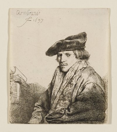 Ung man i en sammetmössa med böcker bredvid sig av Rembrandt van Rijn