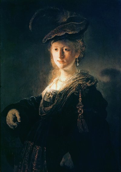 Ung kvinna i maskeradkläder av Rembrandt van Rijn