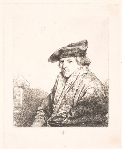 Ung man i sammetsmössa med böcker bredvid sig av Rembrandt van Rijn