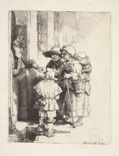 Tiggare som tar emot allmosor i dörren av Rembrandt van Rijn