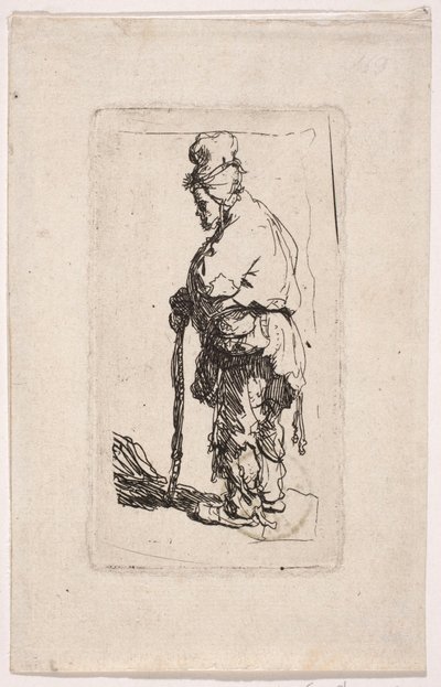 En tiggare som stöder sig på en käpp, vänd åt vänster av Rembrandt van Rijn