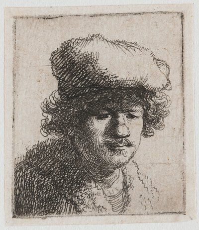 Självporträtt med baskeren dragen framåt av Rembrandt van Rijn