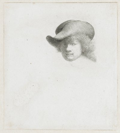 Självporträtt med slapp hatt och bearbetad mantel av Rembrandt van Rijn