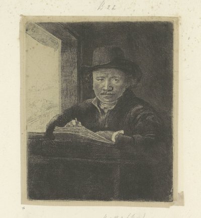 Självporträtt, teckning vid ett fönster Recueil de quatre-vingt-cinq estampes originales (serietitel) av Rembrandt van Rijn