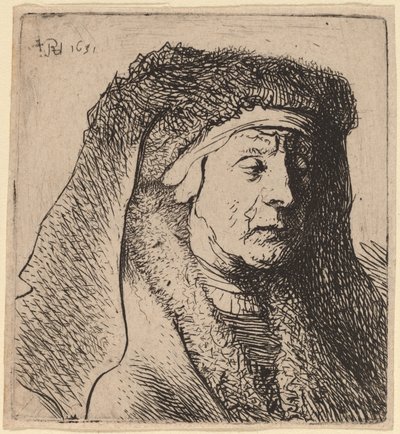 Byst av en gammal kvinna i en pälsförsedd kappa och kraftig huvudbonad av Rembrandt van Rijn and Studio of Rembrandt