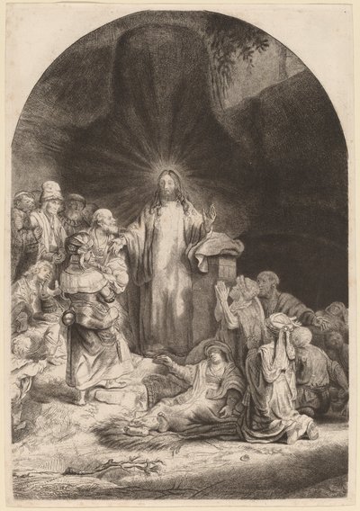 Kristus predikar och helande (fragment från trycket med hundra gulden) av Rembrandt van Rijn and William Baillie