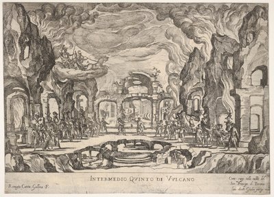 Femte mellanspelet: Vulcan Intermedio quinto di Volcano, från serien Seven Interludes..., 1608. av Remigio Cantagallina