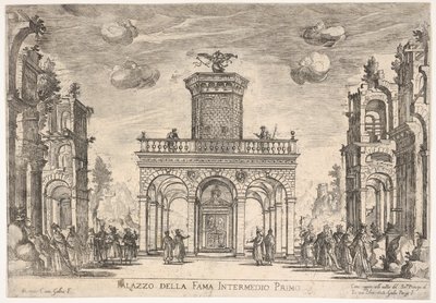 Första mellanspel: palace of fame Mellan sjätte: palace of fame, från seriens S ..., 1608. av Remigio Cantagallina