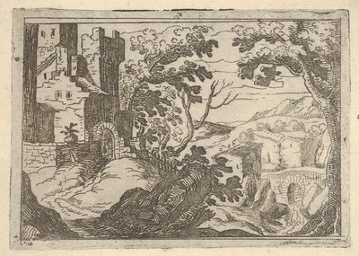 Landskap med byggnader till vänster och en bro till höger nedanför, ca. 1620-50. av Remigio Cantagallina